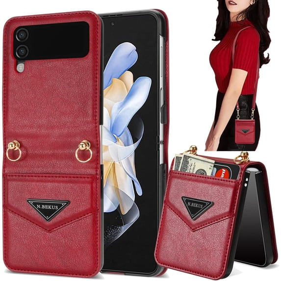 for Samsung Galaxy Z Flip 3 5G Women Wallet Case with Card Holder, Premium PU Leather Detachable Adjustable Cross-Body Strap Phone Case Cover for Samsung Galaxy Z Flip 3 CT Red