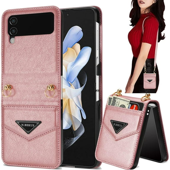 for Samsung Galaxy Z Flip 3 5G Women Wallet Case with Card Holder, Premium PU Leather Detachable Adjustable Cross-Body Strap Phone Case Cover for Samsung Galaxy Z Flip 3 CT Rose Gold