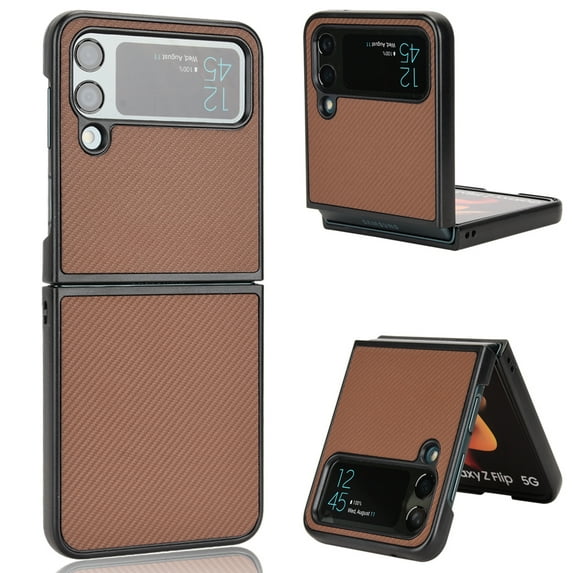 for Samsung Galaxy Z Flip 3 Aramid Case,Carbon Carbon Fiber Texture Leather Phone Cases for Samsung Z Flip 3 case Shell Aramid Fiber Super Light Phone Shell Have Strong Impact Resistance,Brown