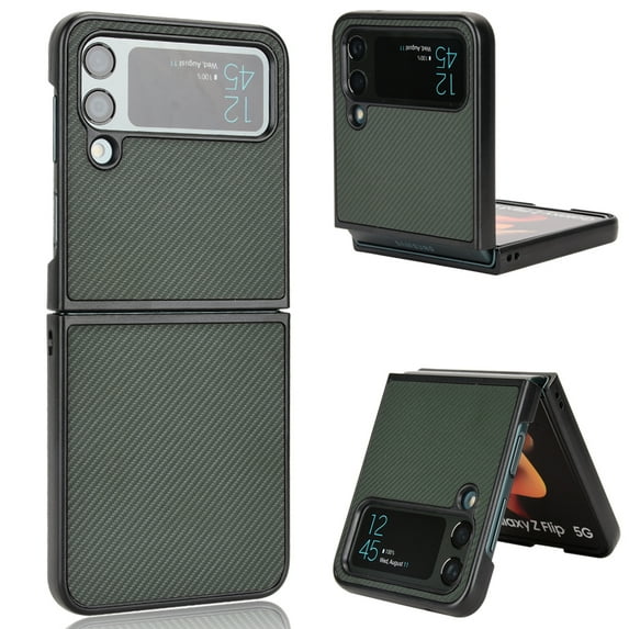 for Samsung Galaxy Z Flip 3 Aramid Case,Carbon Carbon Fiber Texture Leather Phone Cases for Samsung Z Flip 3 case Shell Aramid Fiber Super Light Phone Shell Have Strong Impact Resistance,Green