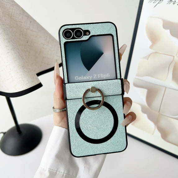 for Samsung Galaxy Z Flip 3 Case, Built-in Kickstand & Hinge Protection Phone Case, Support Wireless Charging, Rhinestone Secure Ring Grip Scratch Resistant Shockproof Protective Cover, Green