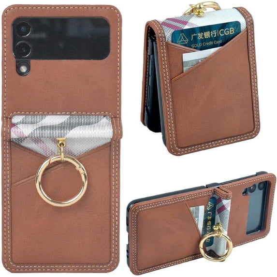 for Samsung Galaxy Z Flip 3 Case with Card Holder & Ring, Premium PU Leather Back Cover Hard PC Bumper All-Round Protection Protective Phone Case for Z Flip 3 2021 - Dark Brown