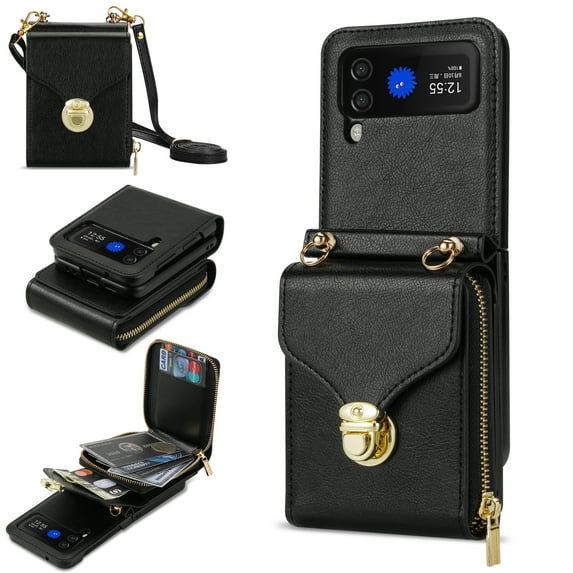 Samsung Galaxy Z Flip 3 Case with Card Holder for Women Phone Case Wallet with Strap Credit Card Slots Crossbody Strap with Kickstand Zipper Shockproof Case For Samsung Galaxy Z Flip 3,Black
