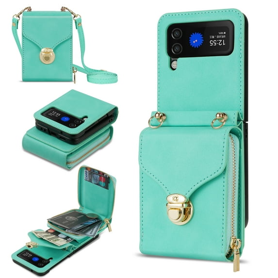 Samsung Galaxy Z Flip 3 Case with Card Holder for Women Phone Case Wallet with Strap Credit Card Slots Crossbody Strap with Kickstand Zipper Shockproof Case For Samsung Galaxy Z Flip 3,Mint