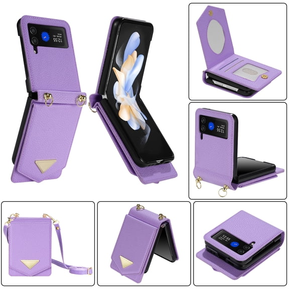 for Samsung Galaxy Z Flip 3 Case with Card Slots Crossbody Wallet Case with Adjustable Strap Make-up Mirror Luxury PU Leather Protective Flip Phone Case for Samsung Galaxy Z Flip 3 Women Girls, Purple