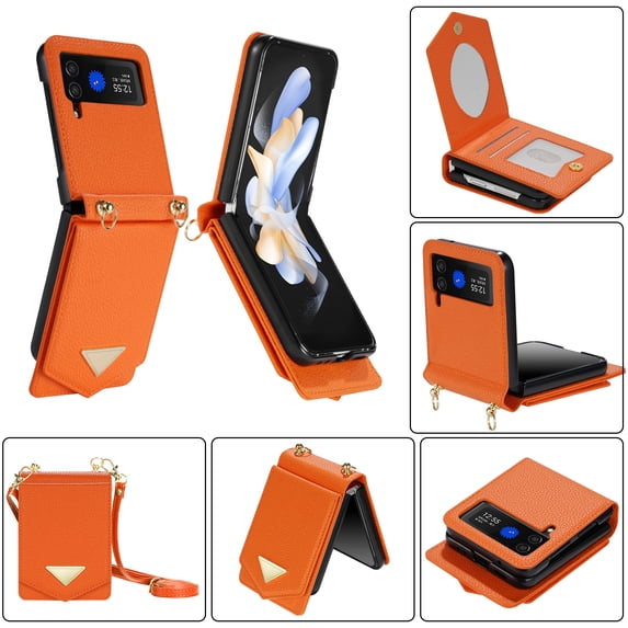 for Samsung Galaxy Z Flip 3 Case with Card Slots Crossbody Wallet Case with Adjustable Strap Make-up Mirror Luxury PU Leather Protective Flip Phone Case for Samsung Galaxy Z Flip 3 Women Girls, Orange
