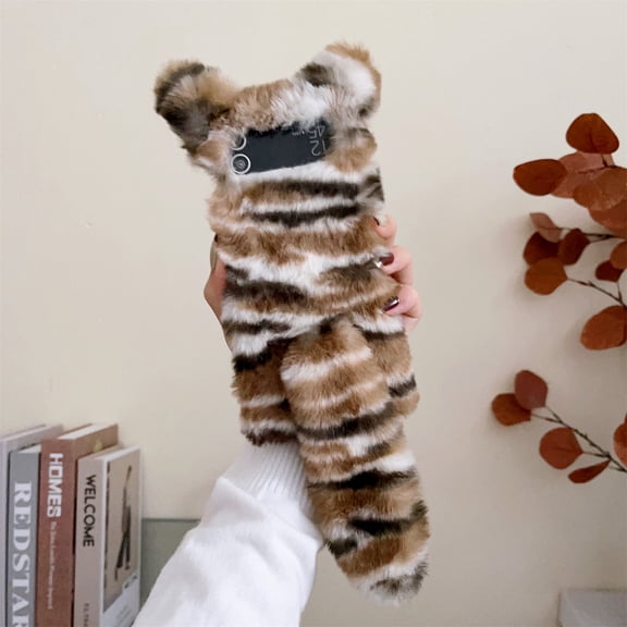 for Samsung Galaxy Z Flip 3 Case, Cute Case Girls Furry Faux Fur Case Flexible Silicon Soft Fluffy Shockproof Bumper Cover with Gold Plating Camera Lens Ring Case for Samsung Galaxy Z Flip 3, Brown