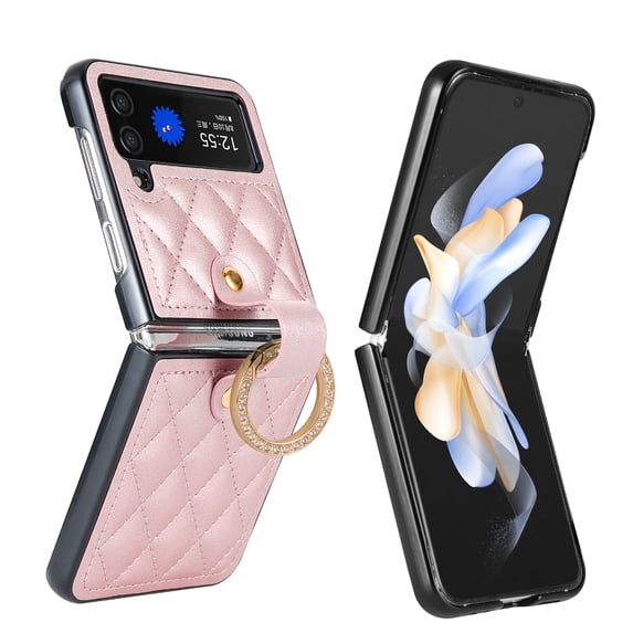 for Samsung Galaxy Z Flip 3 Case, Elegant PU Leather Case with Diamond Finger Ring & Ring Buckle, Shockproof Full Body Protection Fashionable Protective Cover for Samsung Galaxy Z Flip 3, Rosegold