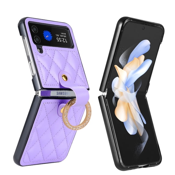 for Samsung Galaxy Z Flip 3 Case, Elegant PU Leather Case with Diamond Finger Ring & Ring Buckle, Shockproof Full Body Protection Fashionable Protective Cover for Samsung Galaxy Z Flip 3, Purple