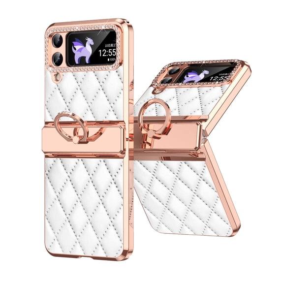 for Samsung Galaxy Z Flip 3 Case Hinge Protection with Finger Ring Holder, Premium PU Leather Hybrid PC All-Inclusive Diamond Bling Phone Case for Samsung Galaxy Z Flip 3 5G, White