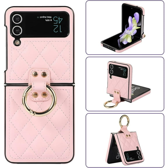 for Samsung Galaxy Z Flip 3 Case with Ring Luxury Leather Soft Diamond-Shaped Flip Case for Women Men Shockproof Protective Bumper Case for Galaxy Z Flip 3 5G, Pink
