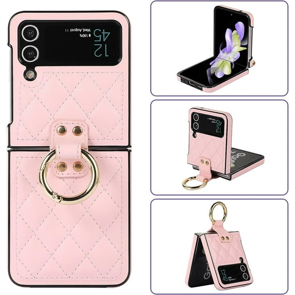 for Samsung Galaxy Z Flip 3 Case with Ring Luxury Leather Soft Diamond-Shaped Flip Case for Women Men Shockproof Protective Bumper Case for Galaxy Z Flip 3 5G, Pink