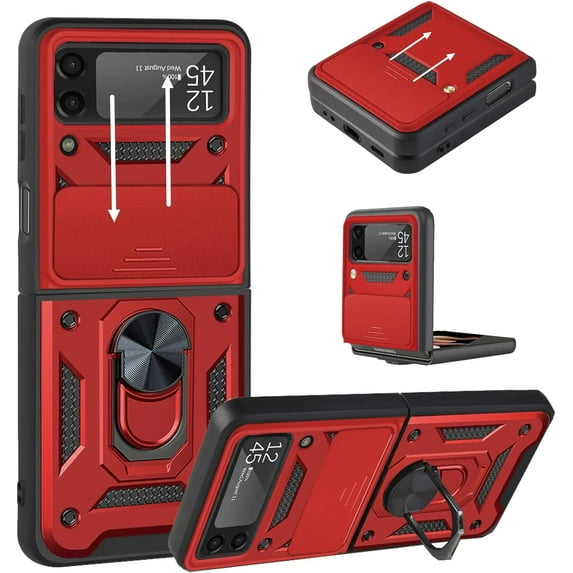 for Samsung Galaxy Z Flip 3 Case Slide Camera Lens Cover Kickstand,Ring Holder Z Flip 3 Cases for Women Men Slim Hybrid Hard Heavy Duty Flip3 for Galaxy Z Flip 3 5G Phone Case 2021 (Red)