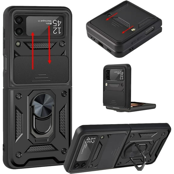 for Samsung Galaxy Z Flip 3 Case Slide Camera Lens Cover Kickstand,Ring Holder Z Flip 3 Cases for Women Men Slim Hybrid Hard Heavy Duty Flip3 for Galaxy Z Flip 3 5G Phone Case 2021 (Black)