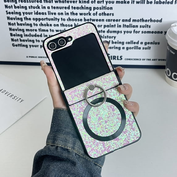 for Samsung Galaxy Z Flip 3 Case,Support Wireless Charging, Glitter Shockproof Slim Fit Sturdy Anti-Slip Luxury Cover with Hinge Protection Ring Kickstand Case for Samsung Galaxy Z Flip 3,Pink