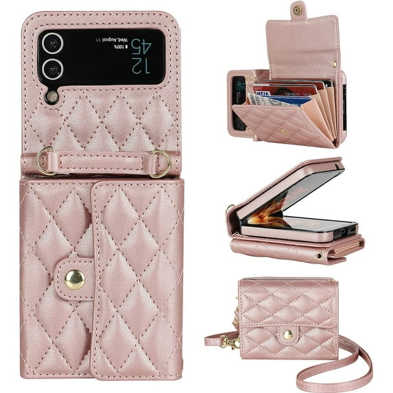 for Samsung Galaxy Z Flip 3 Case, Wallet Phone Case Cute Leather Case with Card Holder Crossbody Cover for Women Girls Strap Wristlet RFID Blocking Shockproof Protective Cover, Rose Gold
