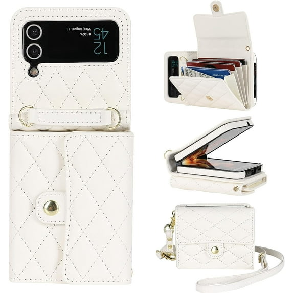 for Samsung Galaxy Z Flip 3 Case, Wallet Phone Case Cute Leather Case with Card Holder Crossbody Cover for Women Girls Strap Wristlet RFID Blocking Shockproof Protective Cover, White