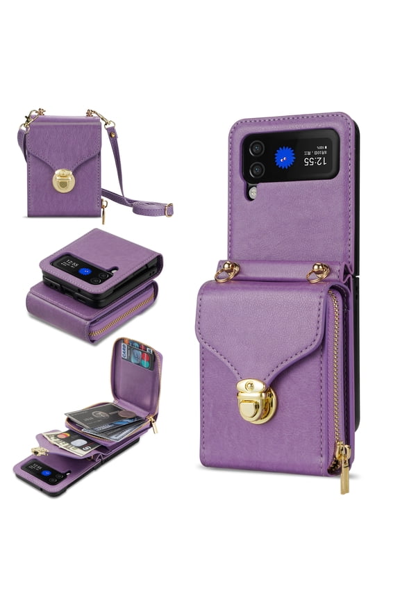 for Samsung Galaxy Z Flip 3 Case Wallet with Shoulder Strap for Women - Crossbody Lanyard,Zipper Pocket,Credit Card Holder,Shockproof - Metal Buckle Closure Premium PU Leather Case, Purple