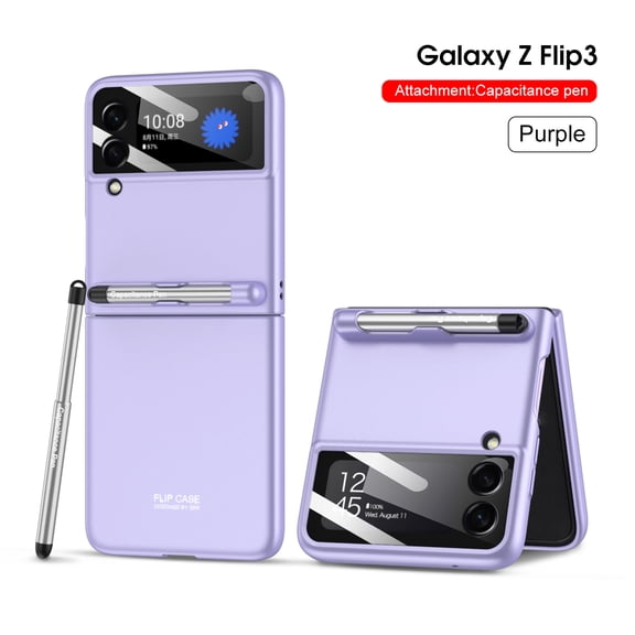 for Samsung Galaxy Z Flip 3 Case,with Stylus Fashion Business Phone case,with Hinge Protection Device and Camera Screen Protector,Case for Samsung Galaxy Z Flip 3 5G,Purple