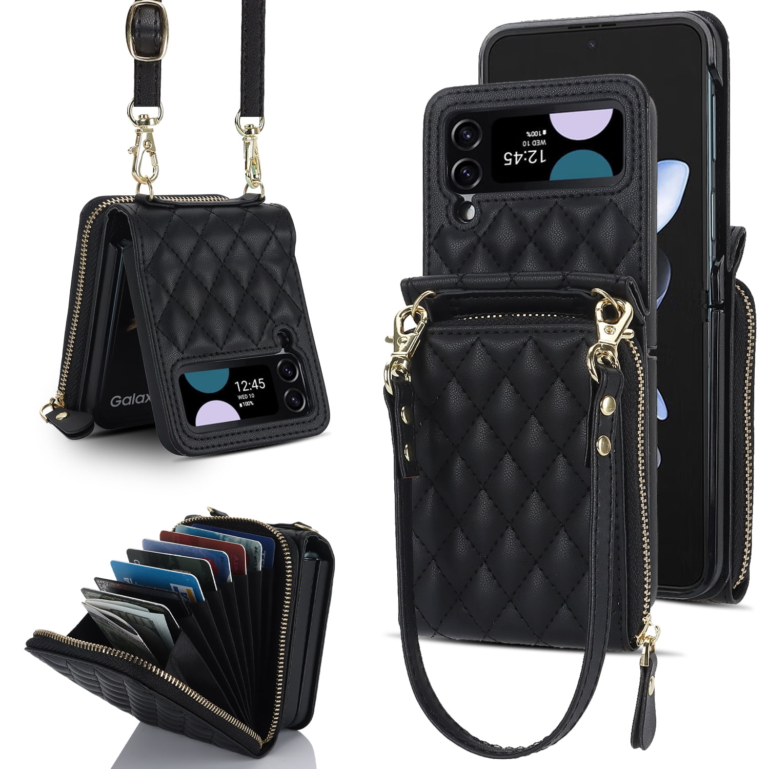 for Samsung Galaxy Z Flip 3 Crossbody Wallet Case with Card Holder 8-Card Slots Wallet Case with Adjustable Strap Soft PU Leather Protective Zipper Phone Case for Women Girls,Black
