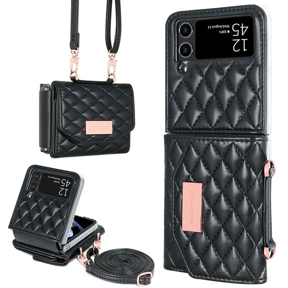 for Samsung Galaxy Z Flip 3 Crossbody Wallet Case, With Kickstand,Stylish Purse Flip PU Leather Handbag Case with Card Slots and Detachable Shoulder Strap for Samsung Galaxy Z Flip 3,Black