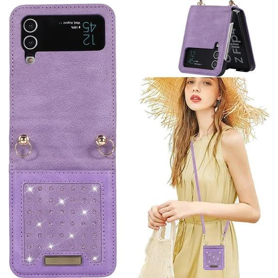 for Samsung Galaxy Z Flip 3 Crossbody Wallet Case for Women, Bling Glitter PU Leather Phone Case with Card Holder Cover for Samsung Galaxy Z Flip 3 SZ Purple