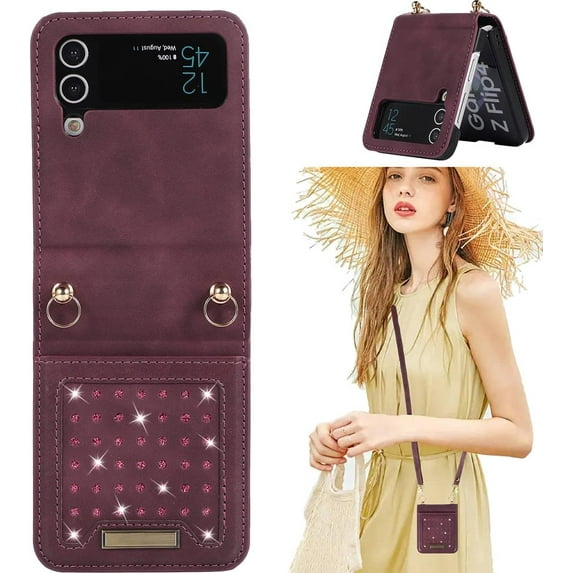for Samsung Galaxy Z Flip 3 Crossbody Wallet Case for Women, Bling Glitter PU Leather Phone Case with Card Holder Cover for Samsung Galaxy Z Flip 3 SZ Red