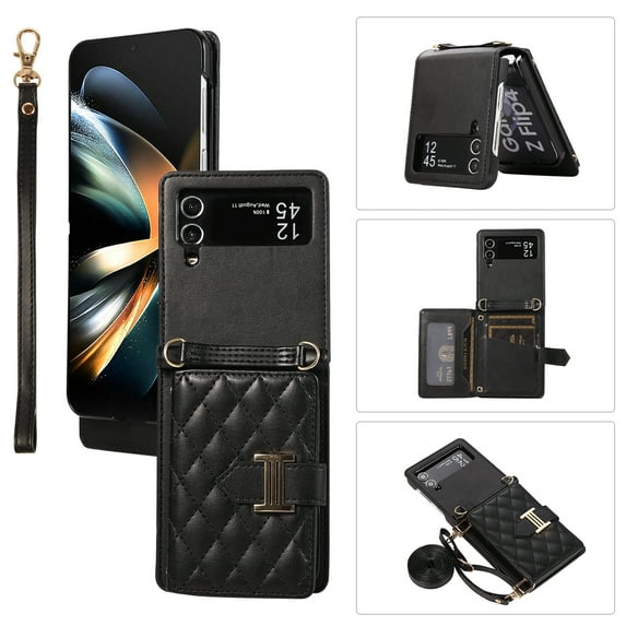 for Samsung Galaxy Z Flip 3 Detachable Shoulder Strap Wallet Case, with Card Slots & 360-degree Rotation Stand Ring Flip Premium PU Leather Protective Cover Lanyard for Women Girls, Black
