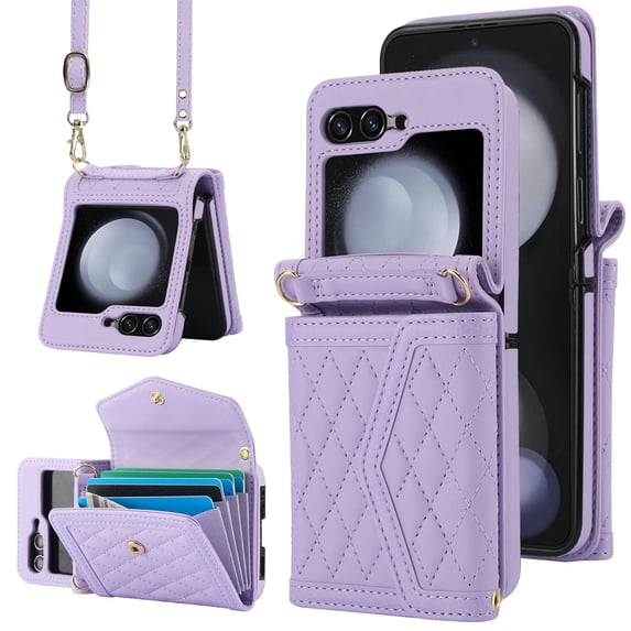 for Samsung Galaxy Z Flip 3 Elegant Case Wallet for Women, 4 Card Holder & Shoulder Strap & Wristlet Flip PU Leather Phone Case with RFID Blocking for Samsung Galaxy Z Flip 3, Lightpurple