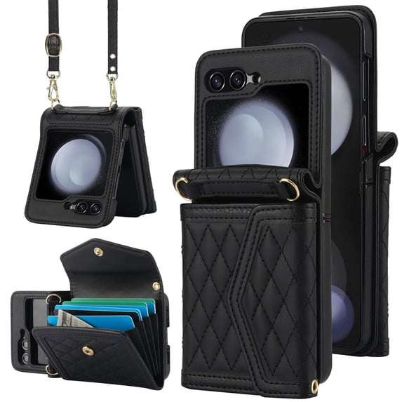 for Samsung Galaxy Z Flip 3 Elegant Case Wallet for Women, 4 Card Holder & Shoulder Strap & Wristlet Flip PU Leather Phone Case with RFID Blocking for Samsung Galaxy Z Flip 3, Black