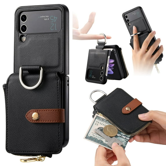for Samsung Galaxy Z Flip 3 Finger Ring Design Wallet Case with Card Holder, Zipper Wallet Slim Fit Retro PU Leather Protective Flip Phone Cover for Samsung Galaxy Z Flip 3 5G - Black