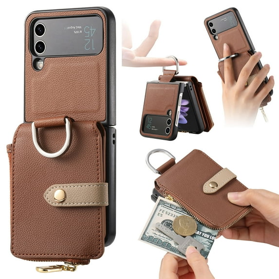 for Samsung Galaxy Z Flip 3 Finger Ring Design Wallet Case with Card Holder, Zipper Wallet Slim Fit Retro PU Leather Protective Flip Phone Cover for Samsung Galaxy Z Flip 3 5G - Brown