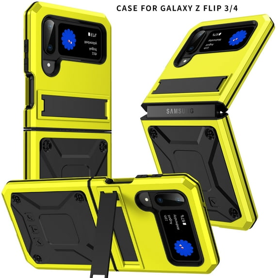 for Samsung Galaxy Z Flip 3/Flip 4 5G, Armor Heavy Duty Shock-resistant Dustproof Anti-fingerprint Full Body Protection with Hinge & Kickstand Case Cover for Galaxy Z Flip 3 / 4 - Yellow