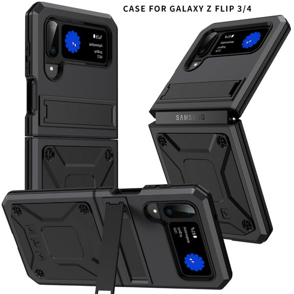 for Samsung Galaxy Z Flip 3/Flip 4 5G, Armor Heavy Duty Shock-resistant Dustproof Anti-fingerprint Full Body Protection with Hinge & Kickstand Case Cover for Galaxy Z Flip 3 / 4 - Black