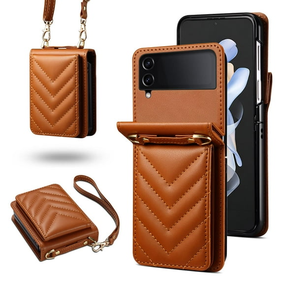 for Samsung Galaxy Z Flip 3 PU Leather Case, Luxury Shoulder Strap & Wristlet 3 Card Slots Magnetic Snap Shockproof Protective Elegant Phone Case Cover for Samsung Galaxy Z Flip 3, Brown