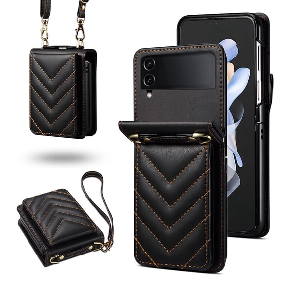 for Samsung Galaxy Z Flip 3 PU Leather Case, Luxury Shoulder Strap & Wristlet 3 Card Slots Magnetic Snap Shockproof Protective Elegant Phone Case Cover for Samsung Galaxy Z Flip 3, Black
