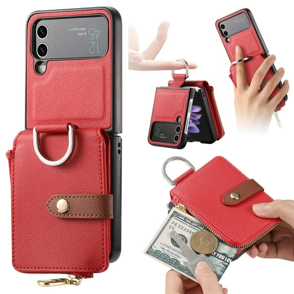 for Samsung Galaxy Z Flip 3 PU Leather Zipper Wallet Case, Cash Card Slots, Finger Ring Multi-Functional Kickstand Shockproof Phone Case Cover for Samsung Galaxy Z Flip 3 5G, Red