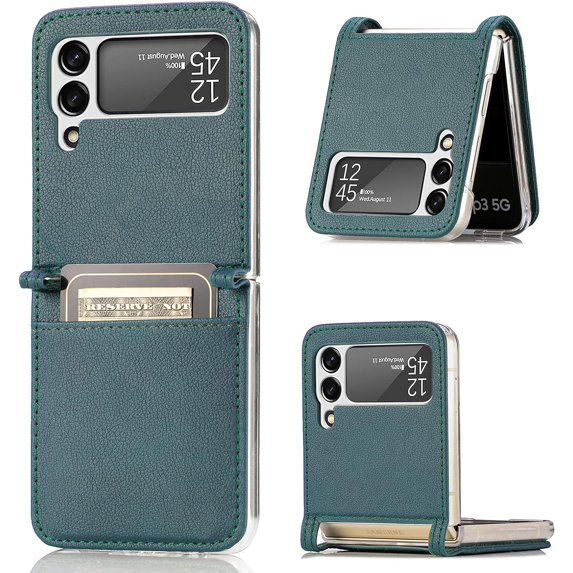 for Samsung Galaxy Z Flip 3 Phone Case with Card Holder,PC Hard Shockproof Back Cover Slim Durable Protective PU Leather Phone Case Cover for Samsung Galaxy Z Flip 3 5G PZ Green