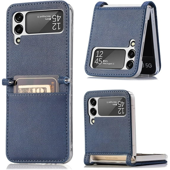 for Samsung Galaxy Z Flip 3 Phone Case with Card Holder, PC Hard Shockproof Back Cover Slim Durable Protective PU Leather Phone Case Cover for Samsung Galaxy Z Flip 3 5G PZ Blue