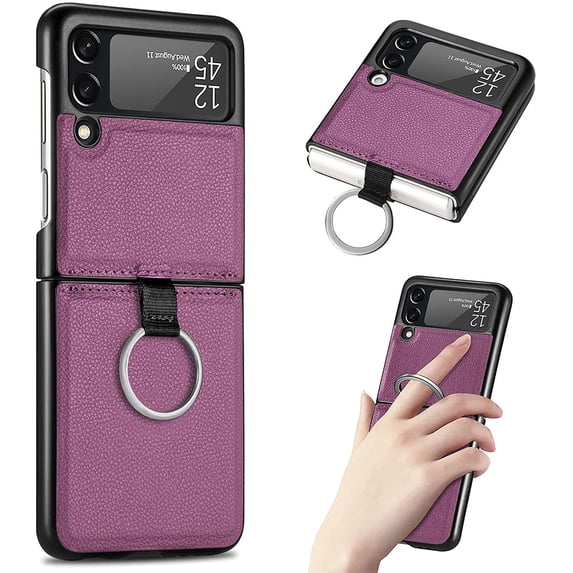 Samsung Galaxy Z Flip 3 Phone Case, PU Leather Protective Cover with Ring Strap Shockproof Lightweight Smartphone Protector Case for Samsung Galaxy Z Flip 3 ZH Purple