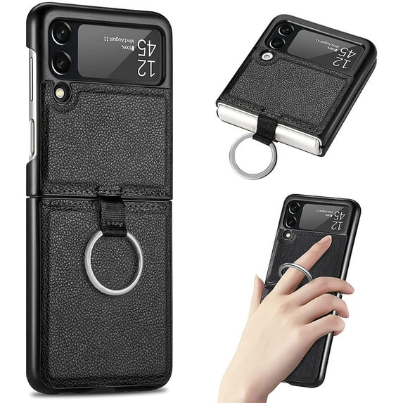 Samsung Galaxy Z Flip 3 Phone Case, PU Leather Protective Cover with Ring Strap Shockproof Lightweight Smartphone Protector Case for Samsung Galaxy Z Flip 3 ZH Black