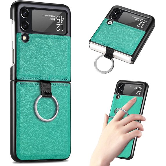 Samsung Galaxy Z Flip 3 Phone Case, PU Leather Protective Cover with Ring Strap Shockproof Lightweight Smartphone Protector Case for Samsung Galaxy Z Flip 3 ZH Green