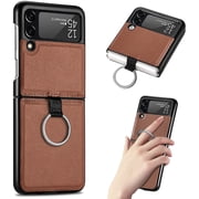 Samsung Galaxy Z Flip 3 Phone Case, PU Leather Protective Cover with Ring Strap Shockproof Lightweight Smartphone Protector Case for Samsung Galaxy Z Flip 3 ZH Brown