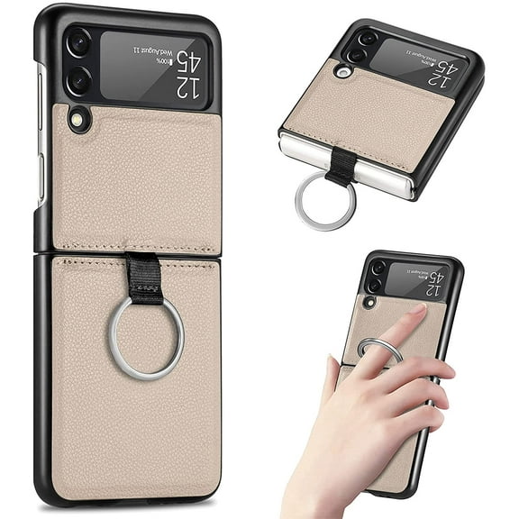 Samsung Galaxy Z Flip 3 Phone Case, PU Leather Protective Cover with Ring Strap Shockproof Lightweight Smartphone Protector Case for Samsung Galaxy Z Flip 3 ZH Beige