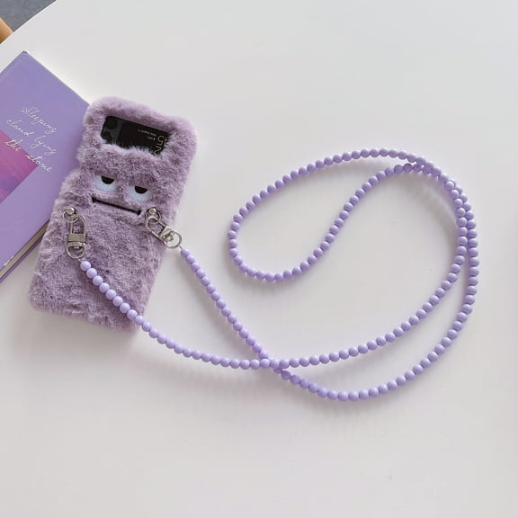 for Samsung Galaxy Z Flip 3 Plush Case with Luxury Crossbody Pearl Chain Warm Plush Cute Case for Girls Women Fluffy Furry Back Cover Slim Shockproof Cover for Samsung Galaxy Z Flip 3 5G, Purple