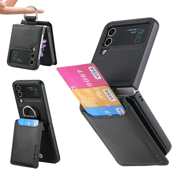 for Samsung Galaxy Z Flip 3 Wallet Case with Card Holder Kickstand & Ring, Premium PU Leather Shockproof Protective Pocket with Magnetic Clasp Flip Case for Samsung Galaxy Z Flip 3, Black