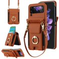 thumbnail image 1 of for Samsung Galaxy Z Flip 3 Wallet Case Crossbody, PU Leather Zipper Handbag Purse Flip Cover, Back Card Slots, Adjustable Shoulder Strap, Finger Ring Stand for Samsung Galaxy Z Flip 3, Brown, 1 of 8