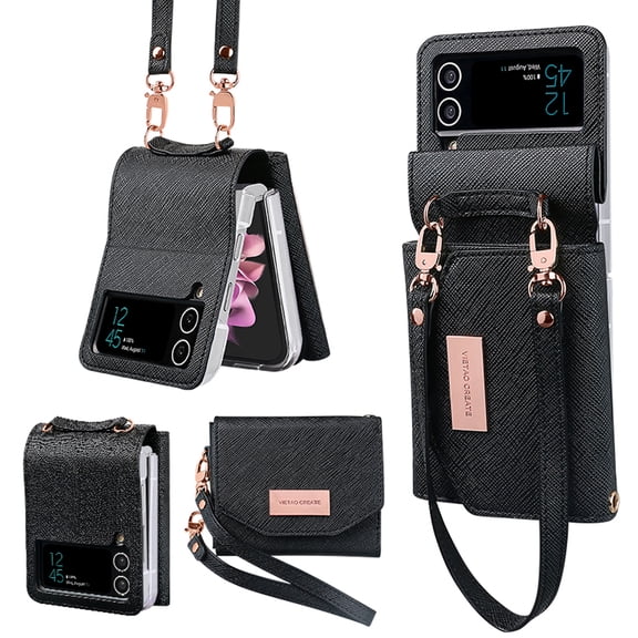 for Samsung Galaxy Z Flip 3 Wallet Case, Crossbody Purse with Credit Card Slot Holder PU Leather Adjustable Detachable Shoulder Strap Case Cover for Women for Samsung Galaxy Z Flip 3 5G, Black