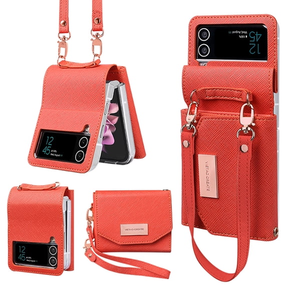 for Samsung Galaxy Z Flip 3 Wallet Case, Crossbody Purse with Credit Card Slot Holder PU Leather Adjustable Detachable Shoulder Strap Case Cover for Women for Samsung Galaxy Z Flip 3 5G, Orange