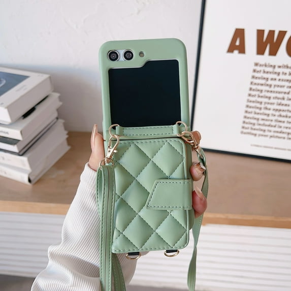 for Samsung Galaxy Z Flip 3 Wallet Case, Elegant PU Leather Case with Card Holder & Hand Strap & Detachable Crossbody Strap for Women Girls for Samsung Galaxy Z Flip 3 5G 6.7 inch, Green